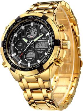 Men's Gold Black Stainless Steel Analog Digital Outdoor Waterproof Luxury Watch